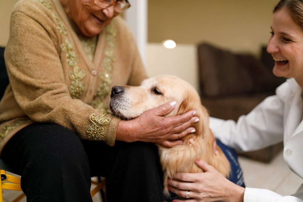An older woman smiling as she strokes a golden retriever therapy dog, its handler kneeling beside them
