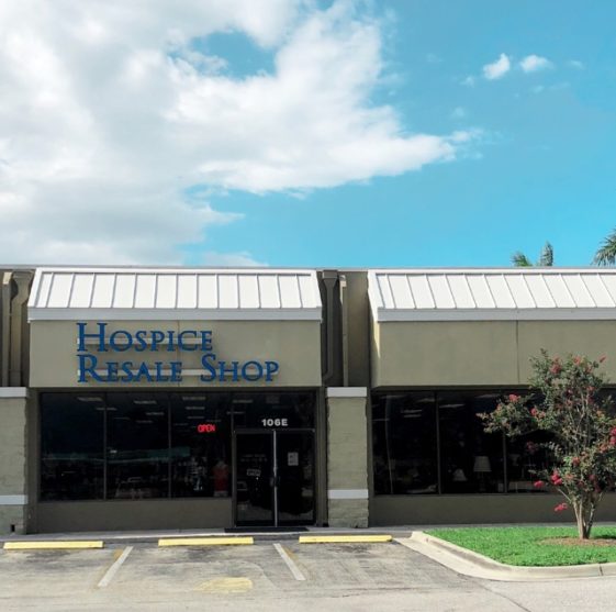 The West Palm Beach resale shop storefront, with Hospice Resale Shop lettering above the awning