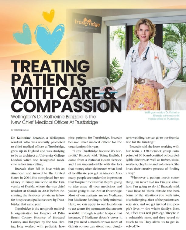 Scanned magazine page: "Treating Patients With Care & Compassion" - Wellington's Dr. Katherine Brazzale is the new chief medical officer at Trustbridge.
