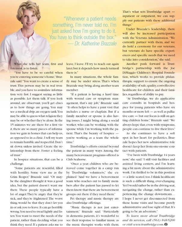 Second scanned page of the magazine article, carrying a pull quote from Dr. Katherine Brazzale.
